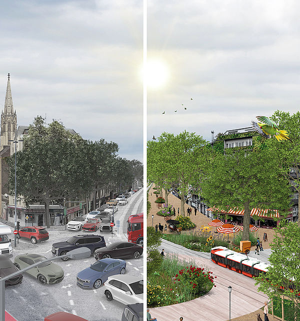 Foto: Gegenüberstellung des Kölner Barbarossaplatzes – links eine stark vom Autoverkehr geprägte Kreuzung, rechts eine Visualisierung mit deutlich mehr Bäumen, Grünflächen und Aufenthaltsraum.