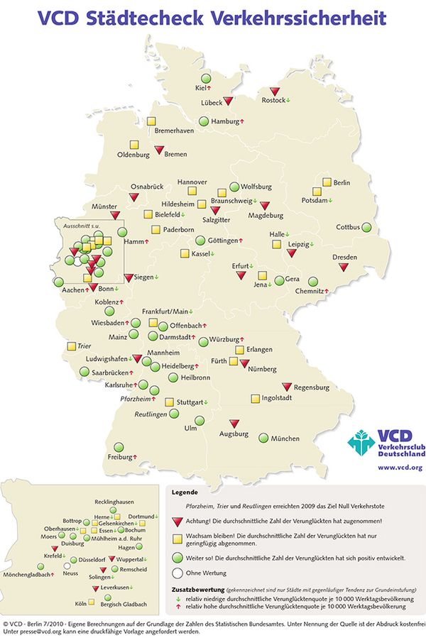 Karte mit Übersicht der Ergebnisse des VCD Städtechecks 2010