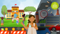 Illustration mit geteilter Bildfläche: Links eine freundliche, grüne Szene vor einer Schule mit mehreren fröhlichen Kindern, die zu Fuß unterwegs sind. Im Vordergrund stehen bunte Absperrelemente mit leuchtenden Warnlampen und Kindermotiven, die den Straßenraum abgrenzen. Rechts eine dunklere Stadtszene mit viel Verkehr, grauen Gebäuden, rauchenden Schornsteinen und Autos – ein Schild zeigt „50 km/h“. Zwischen den beiden Szenen steht eine Frau mit braunen Haaren in einer VCD-Weste. Sie lächelt und zeigt mit der Hand auf die hellere, kinderfreundliche Seite des Bildes. Oben rechts ist ein Symbol mit einem Buch und einem Info-Zeichen abgebildet, das auf weiterführende Informationen hinweist.