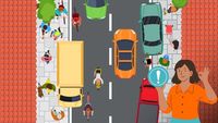 Die Grafik zeigt wild parkende Autos aus der Vogelperspektive. Andere Verkehrsteilnehmer haben keinen Platz und müssen ausweichen. Im Vordergrund steht eine Frau, die die Lage checkt. 