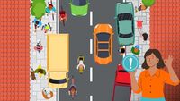 Die Grafik zeigt wild parkende Autos aus der Vogelperspektive. Andere Verkehrsteilnehmer haben keinen Platz und müssen ausweichen. Im Vordergrund steht eine Frau, die die Lage checkt. 