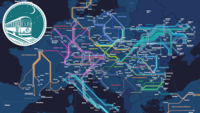Zu sehen ist die gemeinsame Nachtzugkarte vom Ökologischen Verkehrsclub VCD und Back in Track e.V. Sie zeigt die verschiedenen Nachtzugverbindungen verschiedenster Anbieter durch Europa, sowie Westasien und ähnelt optisch einem S- oder U-Bahn-Fahrplan mit verschiedenen Linien. 
