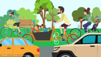 Grafik zeigt unterschiedliche Transportsysteme, mit denen sich Kinder mit dem Fahrrad transportieren lassen. Wir sehen einen Vater, der seine Kinder mit dem Lastenrad transportiert, eine Mutter, die ihre Tochter in einem Extra-Kindersitz hinten über dem Gepäckträger hat sowie einen Vater, der seinen Sohn mit einem Anhänger- bzw. Trailersystem transportiert. Alle fahren auf einem grün markierten Radweg, im Fokus fahren vorn ein paar Autos vorbei. Infografik: vcd.org Layout: Steffi Zepp, Köln