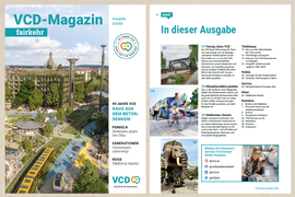Das Bild zeigt die Titelseite sowie das Inhaltsverzeichnis der neuesten Ausgabe des VCD-Magazins fairkehr 03/26.
