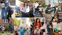 Collage zeigt eine Zusammenstellung verschiedenster Alltagssituationen, in denen Frauen im öffentlichen Raum unterwegs sind. Als Schwangere im ÖPNV, als junge Mutter mit einem Baggy die Treppe zur Bahn hochschleppend, als Mutter mit Baby im Bus, als Mutter, die ihre Kids im Lastenrad transportiert oder als Angehörige, die ein älteres Familienmitglied bei seinen Erledigungen durch die Stadt begleitet. Zu sehen sind auch Ausschnitte von VCD-Mitarbeiterinnen, die sich bei einer großen Demonstration mit Flaggen und Bannern für eine inklusive Verkehrswende stark machen. Auf dem Banner steht zB. die Verkehrswende muss inklusiv und barrierefrei sein. 