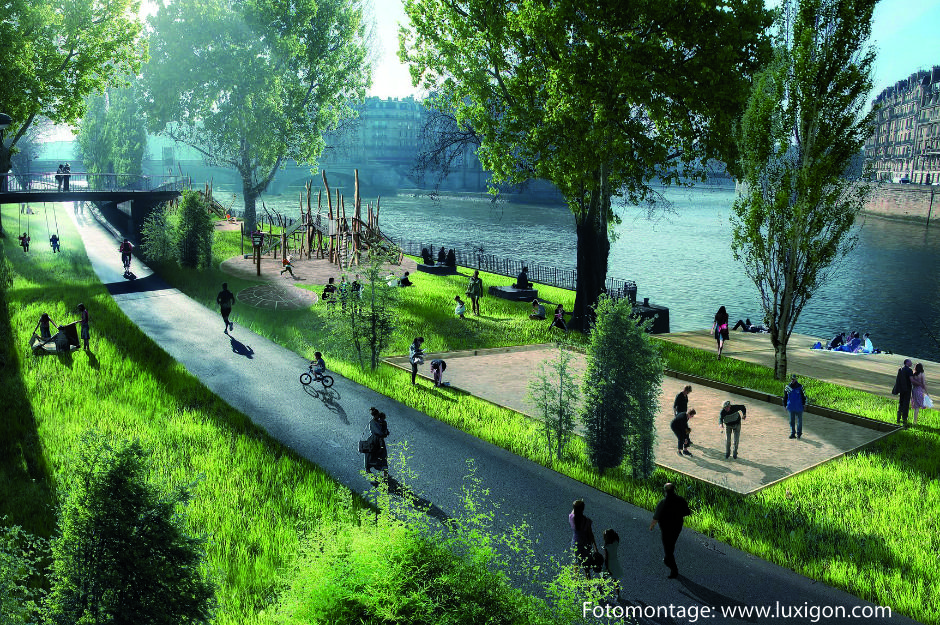 Eine Fotomontage, die ein umgestaltetes Seine-Ufer in Paris zeigt, mit Wegen für Radfahrer und Fußgänger, Spielplatz und Boulplatz.